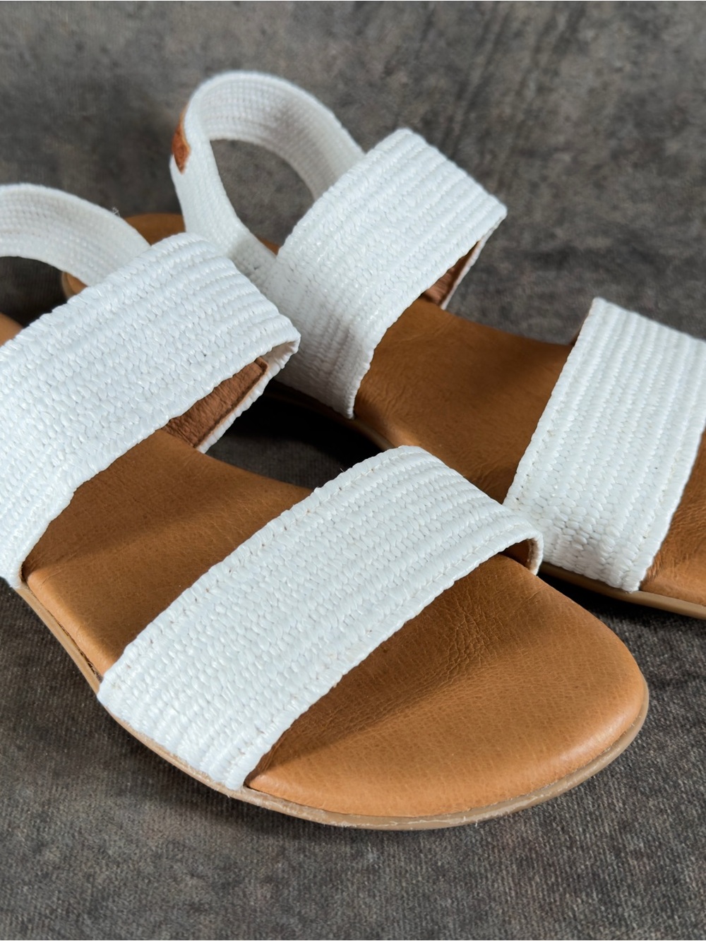 Andre Assous White Elastic Strap Sandals with Tan Footbed